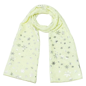 Détail du motif flocon de neige argenté sur une écharpe de Noël légère jaune clair