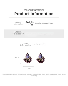 Detail view of purple zircon drop earrings showing dimensions 3.2cm and 17.5g weight