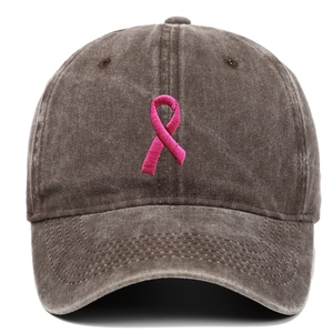 Washed dark gray baseball cap with pink breast cancer awareness ribbon embroidery