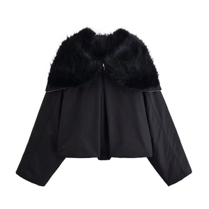 Women's black cropped puffer jacket featuring a plush faux fur hood and metal zipper