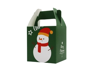 Détail d'une boîte cadeau de Noël verte avec motif bonhomme de neige imprimé