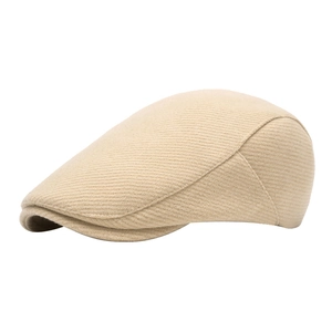 Classic beige wool blend flat cap with twill weave texture for autumn and winter