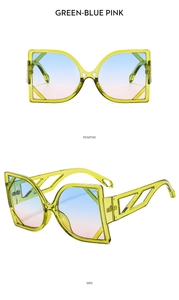 Detail view of fluorescent green oversized cat-eye sunglasses with gradient lenses