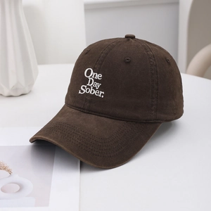 Classic dark coffee cotton baseball cap with white One Day Sober embroidery