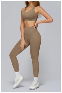 Taupe high-waisted yoga leggings and sports bra set for fitness training and running