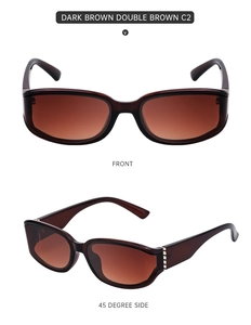 Front and side view of trendy dark brown gradient sunglasses with metallic accents