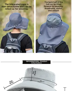 Detail view of grey sun hat with breathable mesh, neck flap, and size specifications