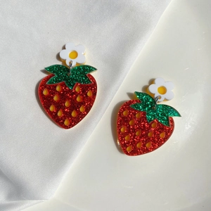 Cute strawberry acrylic earrings with white flower studs and glitter finish for summer