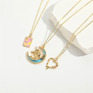 Exquisite gold layered necklaces with enamel square, unicorn moon and hollow heart pendants