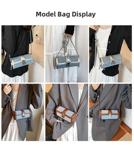 Detail shots of denim cylinder bags featuring silver and brown leather trims with chain straps