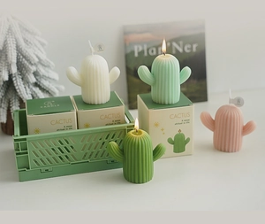 Détail des bougies parfumées en forme de cactus dans leur emballage cadeau créatif