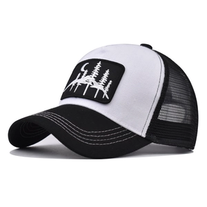 Classic black and white trucker hat featuring a forest and moon embroidery on the front
