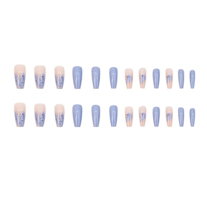 Blue ocean mermaid press-on nails with lavender gradient and golden glitter floral art