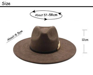 Brown wide brim jazz hat size chart with dimensions for head girth, brim, and height