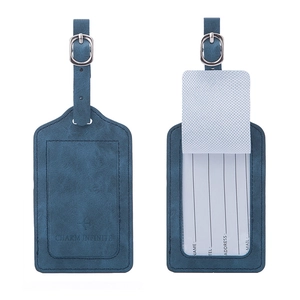 Deep blue PU leather luggage tag with privacy cover and adjustable buckle strap