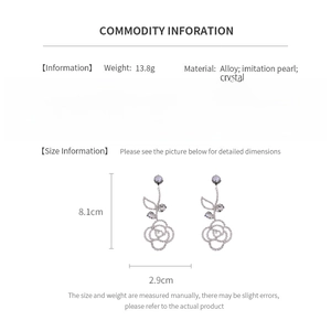 Detailed size specifications for pearl and rose earrings with 8.1cm height and 2.9cm width
