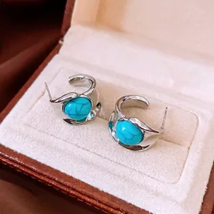 Boucles D'oreilles Puces Rondes Vintage Turquoise Avec Tige En Argent Sterling 925 Base Cuivre Bijoux Retro Femmes
