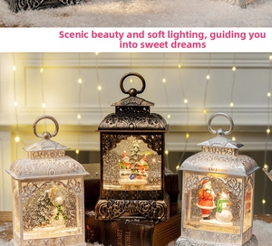 Close-up of retro Christmas lanterns with miniature Santa, snowman and warm LED lights