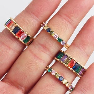Adjustable gold rings with colorful cubic zirconia stones in rectangle and round cuts