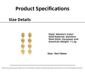 Detail of gold stainless steel teardrop earrings with radial texture and 110mm length