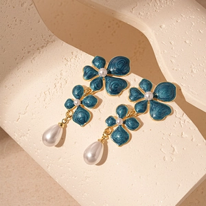 Vintage peacock blue enamel flower earrings with drop pearls and gold finish