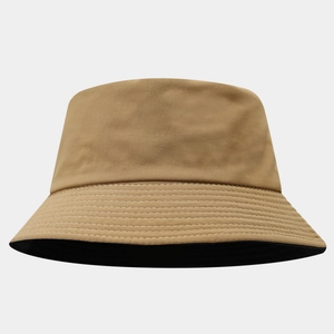 Detail view of khaki bucket hat showing reinforced parallel stitching and black lining