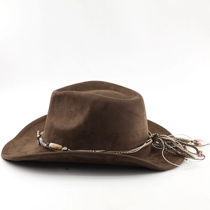 Close-up of dark brown suede cowboy hat featuring colorful ethnic beads and tassels