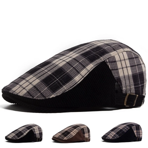 Retro Plaid Corduroy Beret Hat Adjustable British Style Newsboy Flat Cap Autumn Winter Unisex