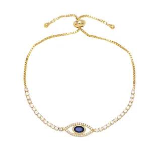 Golden Evil Eye bracelet with blue zircon center and adjustable box chain for women