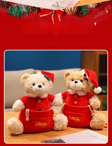 Detail of Christmas teddy bear plushies with functional storage bags and festive red outfits