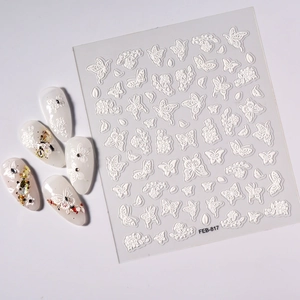 5D embossed white butterfly and floral nail art stickers with elegant 3D relief texture