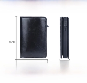 Detailed size chart for black RFID leather pop-up card holder with dimensions 10x7x2cm
