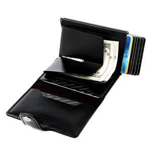 Detail view of black leather RFID wallet with accordion card slots and cash compartment