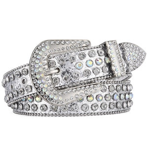 Macro detail of Y2K western cowboy belt with sparkling rhinestones and silver metal buckle