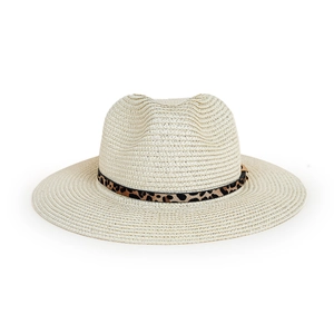 Detailed view of cream straw fedora hat featuring leopard print band and metal buckle