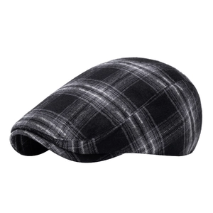 Classic British style black and grey plaid newsboy cap for men and women on white background