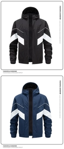 Dettaglio di giacche a vento con cappuccio bicolore nero e blu navy con design a V