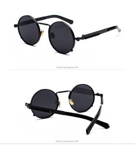 Detail view showing the spring hinge metal temples and steampunk frame from 90° and 180° angles