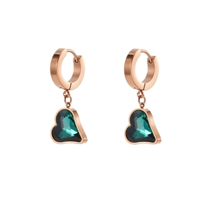 Rose gold heart earrings with green gemstone pendants, elegant geometric jewelry design
