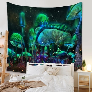Detailed view of bohemian mushroom tapestry with fluorescent effect in a cozy bedroom