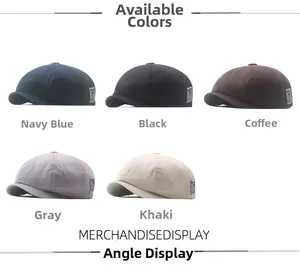Detailed view of cotton docker hats in navy, black, brown, grey and khaki with side labels