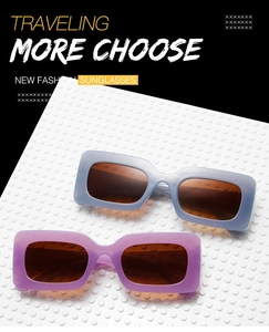 Detailed view of rectangular jelly colored sunglasses in matte blue and lavender frames