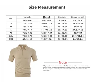 Detailed size chart for men's polo shirt with measurements in CM and INCH from S to 3XL