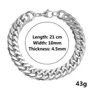 Silver stainless steel Cuban link bracelet for men, 21cm length and 10mm width