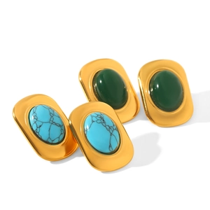 Boucles d'oreilles vintage en acier plaqué or 18k avec turquoise et aventurine