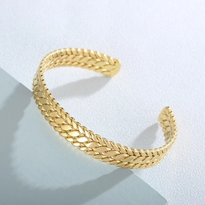 Golden 9mm stainless steel wheat pattern cuff bracelet for women in minimalist style