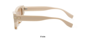 Side view detail of retro cream thick frame sunglasses with sleek temples and metal hinges