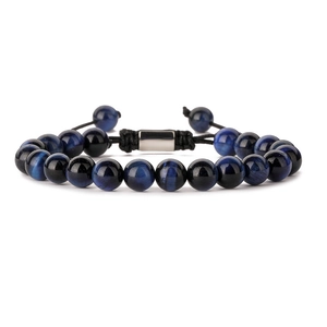 Men's blue tiger eye volcanic stone beaded bracelet with adjustable woven cord