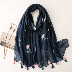 Women Floral Print Scarf Navy Blue Shawl With Tassels Thin Breathable Cotton Linen Feel Elegant Outdoor Travel Accessory