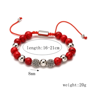 Red marble beads bracelet with silver accents and adjustable braided rope for women